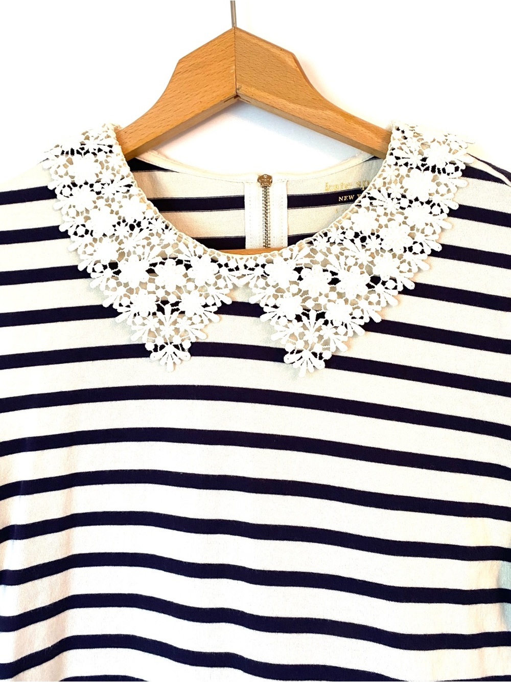 NWOT kate spade Black & White Striped Short-Sleeve Top with Lace Collar - Picture 2 of 8